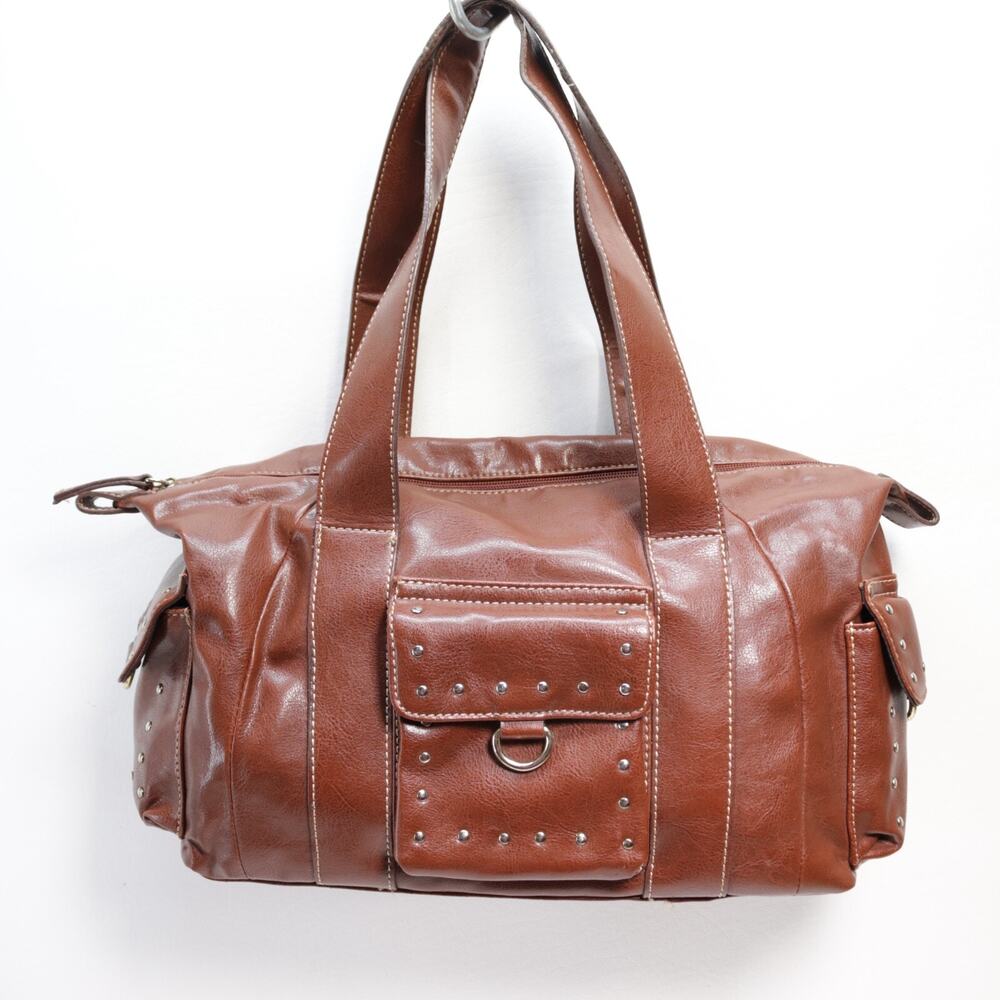 Vintage Satchel Handbag Women Brown Faux Leather Lined Studded Purse Bag